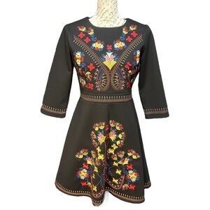 LAI Meng Five Cats Embroidered Floral Round Neck Midi Dress Size Large